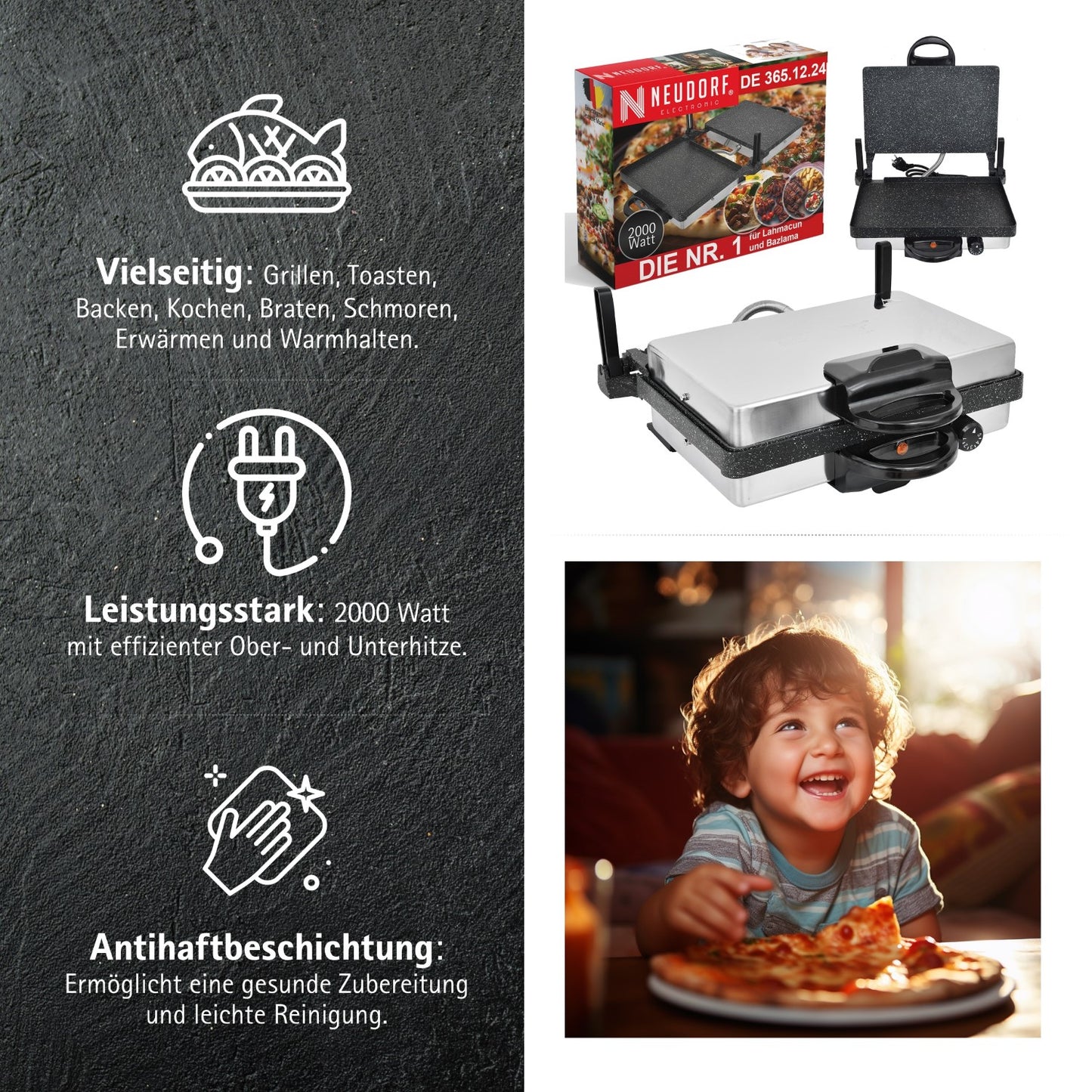 Neudorf Lahmacun Makinesi Multigrill 2000W mit Kasserolle | Elektro Kontaktgrill, Toaster & Kochset mit Antihaftbeschichtung