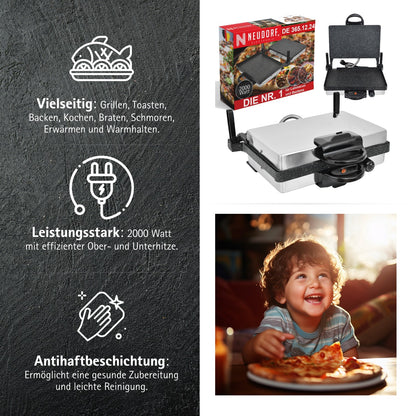 Neudorf Lahmacun Makinesi Multigrill 2000W mit Kasserolle | Elektro Kontaktgrill, Toaster & Kochset mit Antihaftbeschichtung